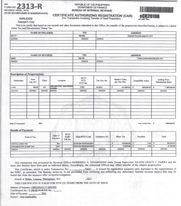 BIR Certificate Authorizing Registration CAR